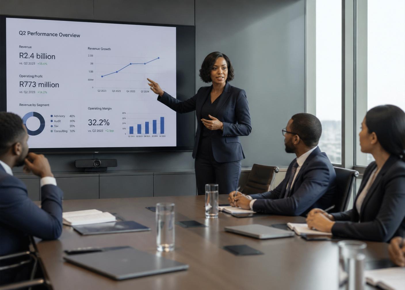 Consultora sénior a apresentar indicadores num boardroom em Luanda