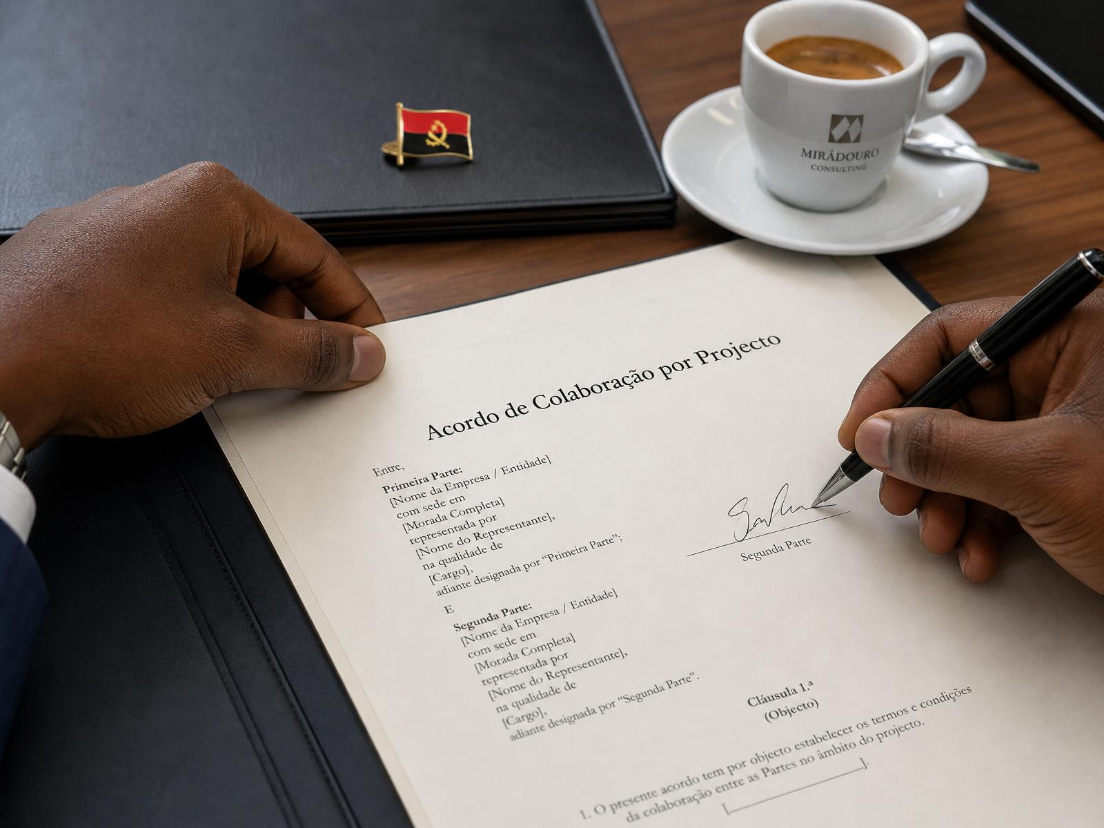 Assinatura de Acordo de Colaboração por Projecto sobre secretária em madeira, com pin da bandeira de Angola