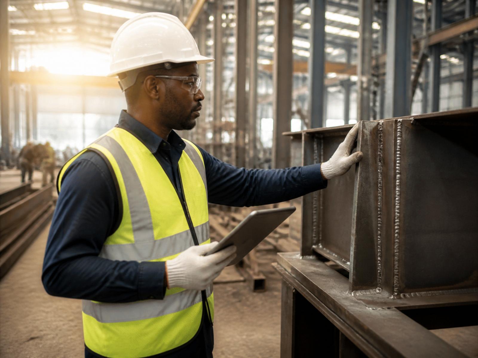 Auditor da qualidade numa unidade industrial em Luanda a inspeccionar estruturas metálicas
